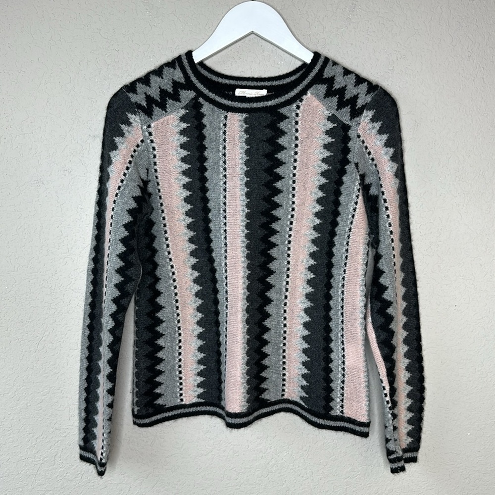 Minnie Rose 100% Cashmere Pink, Grey and‎ Black Striped Crew Neck Sweater Size S